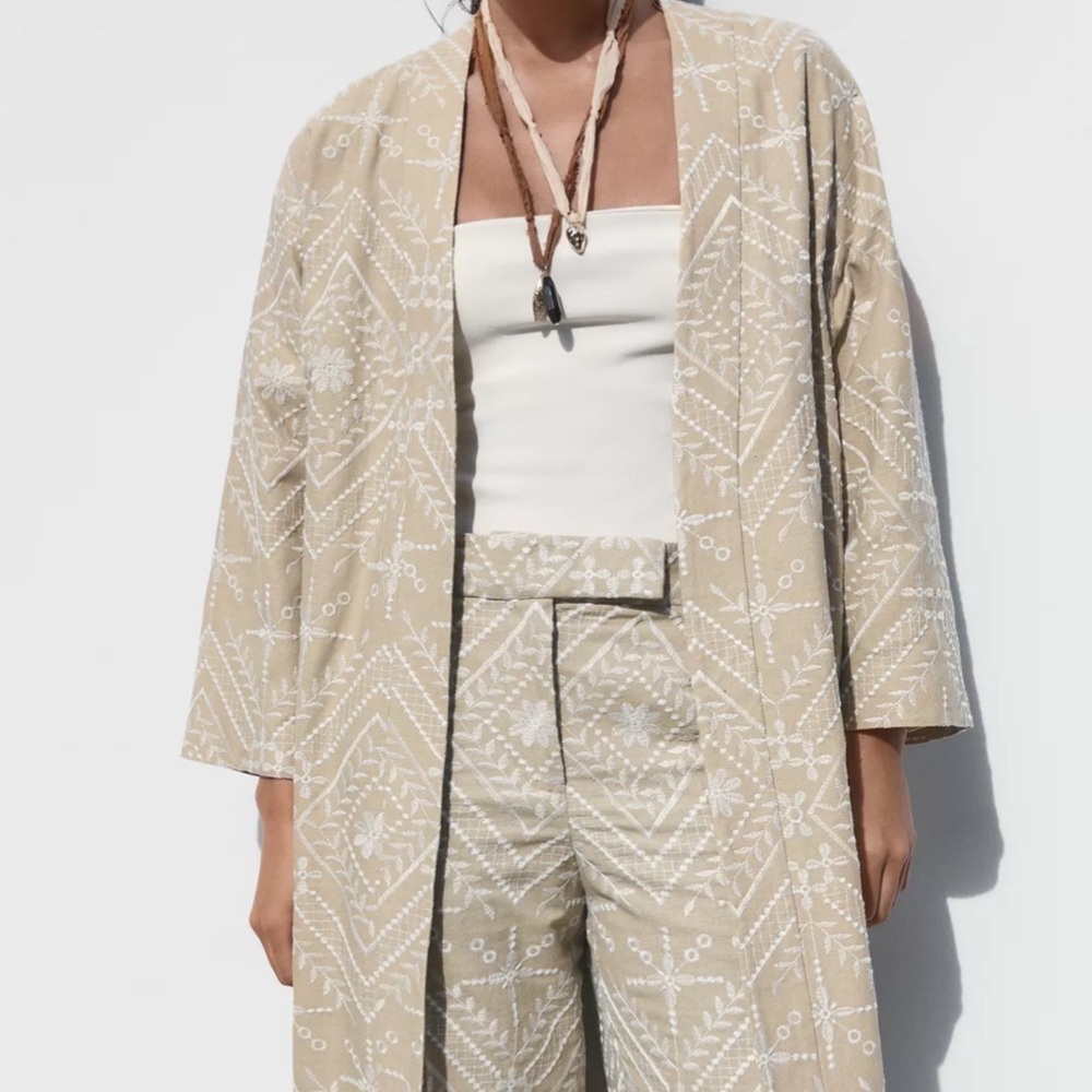 Beige Embroidered Kimono Blazer Sz XS